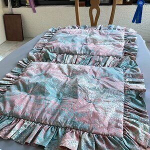 Vintage Pillow Shams Ruffles Bows Pink/Aqua  Like New Crisp & Clean